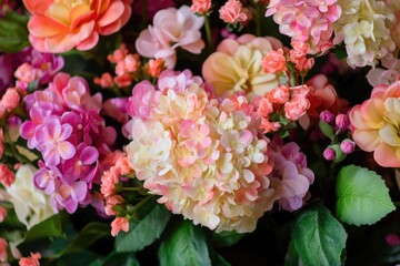 Fototapeta premium A beautiful, vivid spring bouquet with pink, yellow and peach flowers, arranged in a garden setting under natural sunlight.