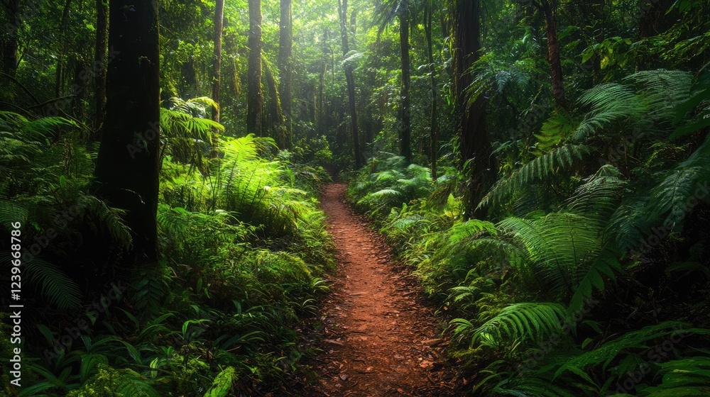 Poster a trail through a dense, vibrant forest showcases a beautiful array of vegetation, highlighting the 