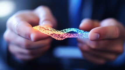 Person manipulating a glowing network of light