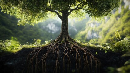 A towering tree with roots that stretch across diverse ecosystems, representing the importance of ecological balance and harmony in the natural world.