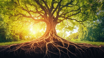 A towering tree with roots that stretch across diverse ecosystems, representing the importance of ecological balance and harmony in the natural world.