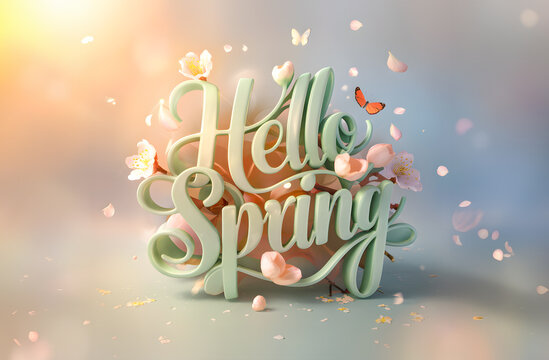 Banner with text happy Spring. Bright and colorful spring greeting with floral accents and butterflies near a soft background