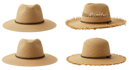 Set Of Straw beach hat isolated on transparent background, Summer hat PNG 