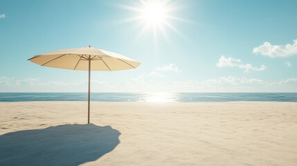 Sunlit beach with a solitary umbrella providing shade on a serene shoreline