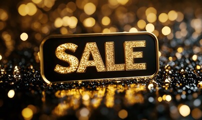 Golden glittering sale sign on a luxurious black and gold background evokes a sense of glamour and exclusivity