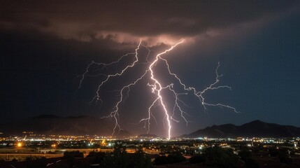 Dramatic Lightning Strikes in Night Sky Over City Landscape