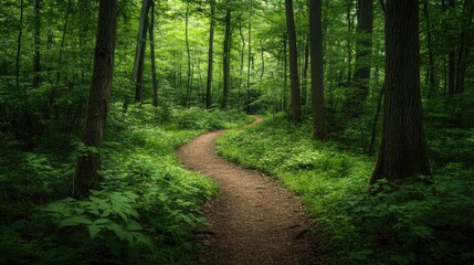 Fototapeta premium A tranquil forest trail surrounded by thick, diverse vegetation, emphasizing the beauty of natural ecosystems and the harmonious coexistence of all living things.