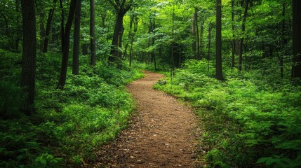 A tranquil forest trail surrounded by thick, diverse vegetation, emphasizing the beauty of natural ecosystems and the harmonious coexistence of all living things.