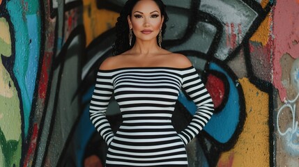 Naklejka premium Elegant Woman Posing in Striped Dress Against Colorful Graffiti Wall