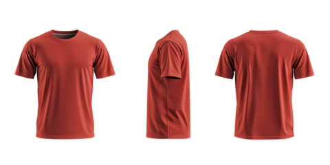 Plain red t-shirt displayed from front, side, and back views, perfect for casual wear or customizable printing, on transparent background