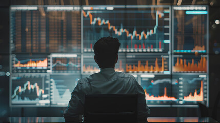 A businessman analyzing stock market trends on a large interactive screen, glowing financial charts, dark corporate ambiance