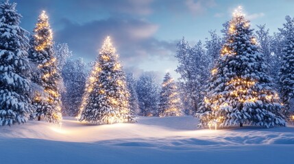 Fototapeta premium A tranquil winter scene featuring snow-covered trees with twinkling holiday lights, set against the backdrop of a bright blue sky, capturing the essence of the season.
