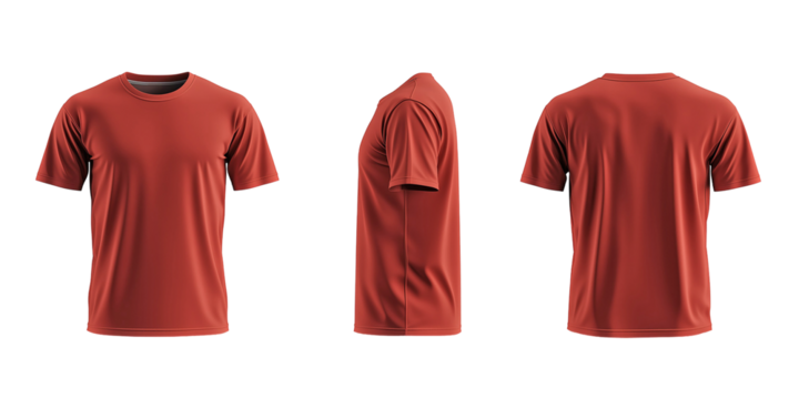 Plain red t-shirt displayed from front, side, and back views, perfect for casual wear or customizable printing, on transparent background