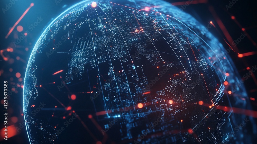 Poster global data network connection with illuminated nodes and transferring information