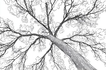 A high-contrast black and white image of a tree with silhouetted branches against a cloudy sky.
