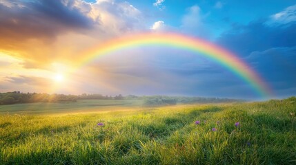 Naklejka premium A vibrant rainbow appearing over a calm, grassy field, with sunlight breaking through the clouds and adding a magical glow to the peaceful landscape.