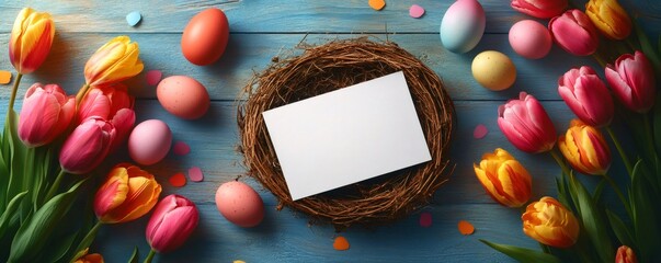 Colorful easter eggs and tulips creating a frame around a blank greeting card placed in a nest on a blue wooden table
