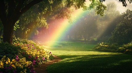 A vibrant rainbow shines over a serene park, the lush greenery below creating a magical and peaceful scene of nature beauty.