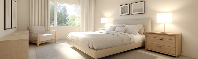 Fototapeta premium Modern, stylish bedroom featuring a cozy bed, natural light, and minimalist decor.