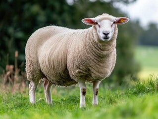 Obraz premium Fluffy sheep on pasture. Rear view of standing sheep with woolly coat.