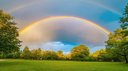 Naklejka premium A vivid rainbow stretches across the sky, arching over a park with green trees and grass, displaying the splendor of nature.
