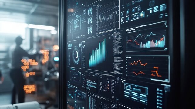 A medium closeup of a digital interface displaying realtime data featuring animated graphs and statistics on waste processing efficiency while in the background workers monitor the