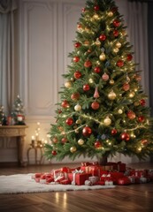 beautifully decorated Christmas tree background,  holiday decoration,  festive backdrop,  evergreen tree