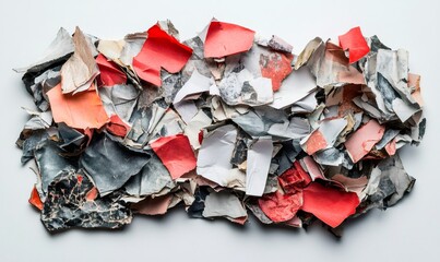 Colorful shredded paper pieces creating an abstract composition on a white background