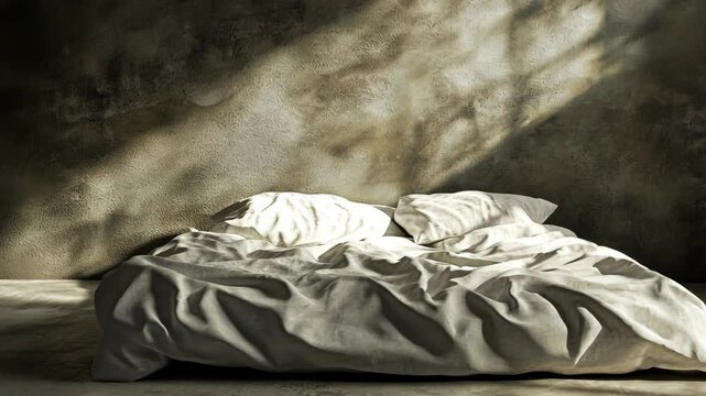 Soft bed with rumpled sheets and natural light streaming in from a window