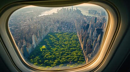 Fototapeta premium A wide-angle view from an airplane window reveals lush greenery and a sprawling cityscape, with towering skyscrapers, on a sunny summer morning.
