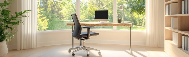 Fototapeta premium Modern home office with a sleek desk, ergonomic chair, and large windows offering a view of greenery.