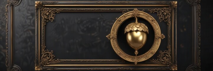 Black and gold voucher framed with antique metalwork featuring a vintage gold acorn ,  antique,  frame,  black