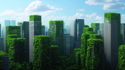 Obraz premium Lush Green Vertical Gardens on Urban High-Rise Buildings in City