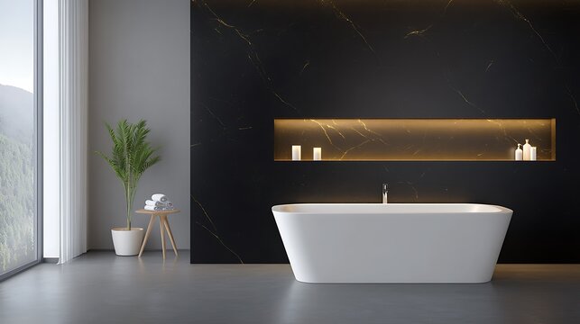 Modern bathroom featuring a sleek white bathtub against a dark wall with ambient lighting and a touch of greenery.