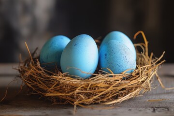 Obraz premium Colorful festive Easter eggs inside a woven basket, ready for the holiday celebration.