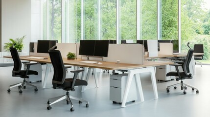 Modern open office space with ergonomic desks, chairs and nature view through glass walls