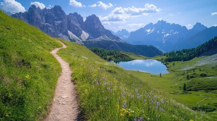Naklejka premium A winding hiking trail through lush green meadows, with panoramic views of sparkling mountain lakes and towering peaks in the distance, capturing nature beauty.