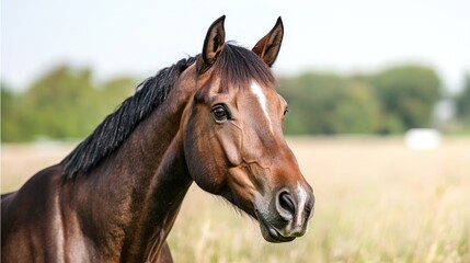 Fototapeta premium Chestnut horse portrait, field background, equestrian photography, stock image