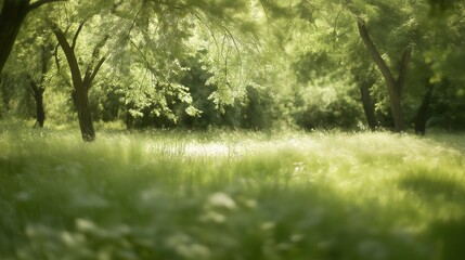 Fototapeta premium Sunlit Meadow Landscape Soft Focus, Lush Green Grass, and Trees
