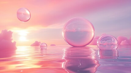 Abstract spheres suspended over water on a pink digital landscape, surrounded by ethereal light and mist for a futuristic look.