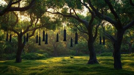 Fototapeta premium Serene Forest Scene with Wind Chimes Hanging from Trees