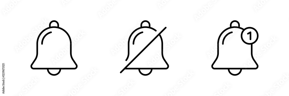 Poster Notification bell icon set. Alarm symbol. Ringing bells reminder icon , incoming inbox message sign , no bell icon alarm off symbol silent mute icons. editable stroke - Web icons collection set