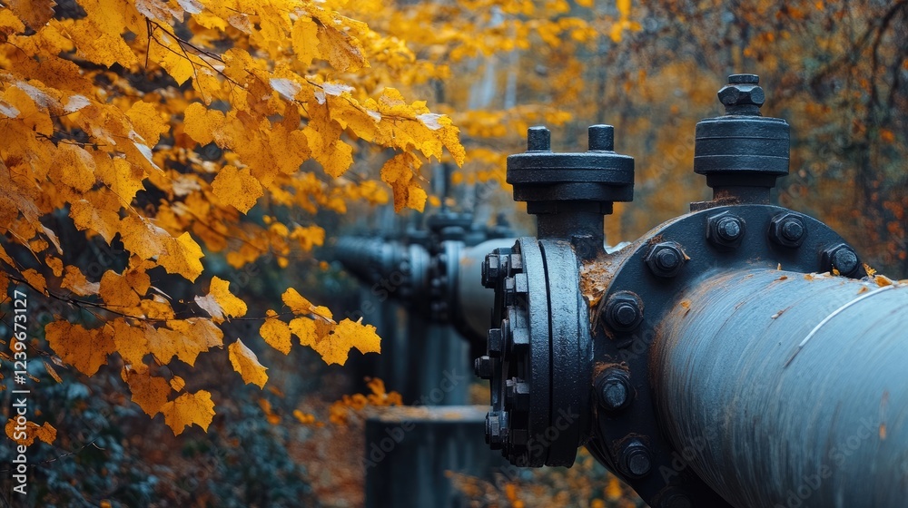 Poster advanced pipeline fittings in the foreground, with autumn foliage in the background, blending indust