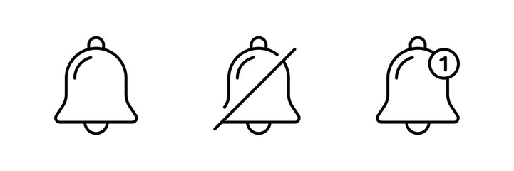 Notification bell icon set. Alarm symbol. Ringing bells reminder icon , incoming inbox message sign , no bell icon alarm off symbol silent mute icons. editable stroke - Web icons collection set