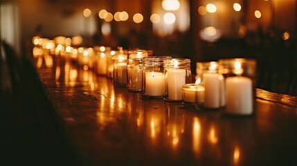 An inviting party table with glowing candles and an array of white shades inside glass jars