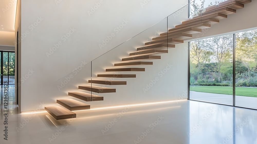 Poster modern staircase with wooden steps and elegant lighting, showcasing minimalist architecture and natu