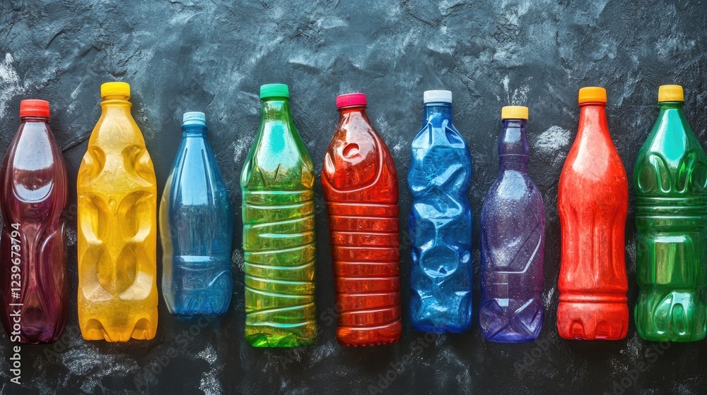 Poster an artistic display of colorful plastic bottles against a dark textured surface, promoting environme