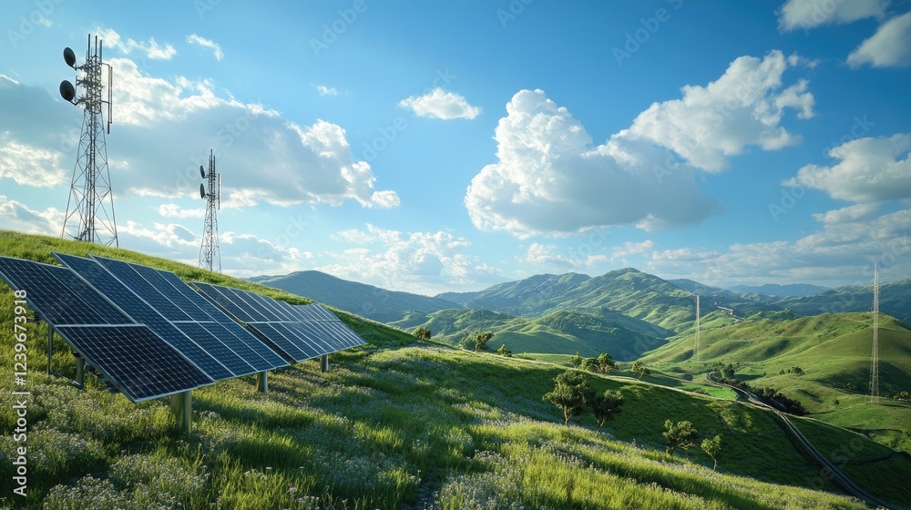 Poster an efficient backhaul system in a serene landscape, with solar panels and antennas on rolling hills 