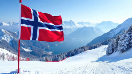 Naklejka premium The Norwegian flag waves over a scenic ski slope with snow-capped mountains and a lake in the distance. Cross-Country Skiing Nordic Ski World Championships