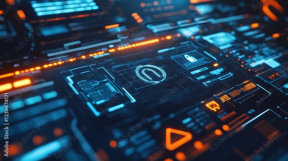 Poster complex digital interface showcasing various data streams, system status indicators, and security me